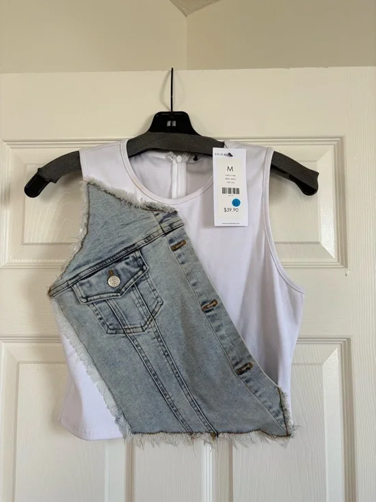 AKIRA White Ribbed Crop Tank with Light Blue Denim Vest Panel - Picture 2 of 2